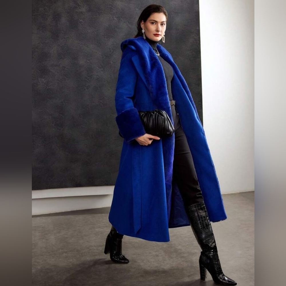 WOOL-BLEND FAUX FUR FUZZY CUFF OVERCOAT Winter Coat Outerwear